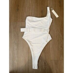 MESHKI Stormie One Shoulder Diamante Buckle One Piece Swimsuit White M NWT